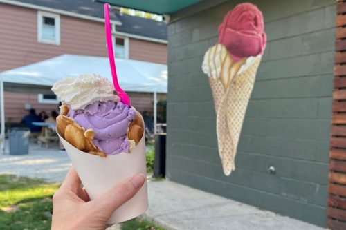 Delicious Ube Ice Cream with Egg Waffle Cone at Mason's Creamery Cleveland Ohio