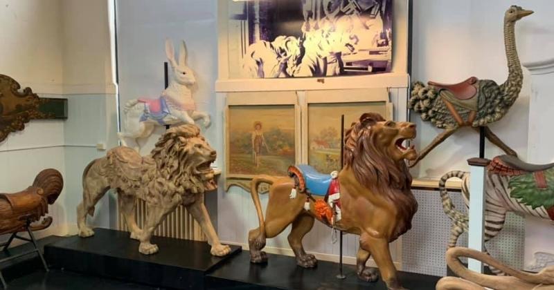 exhibits of carousel animals at the Merry Go Round Museum