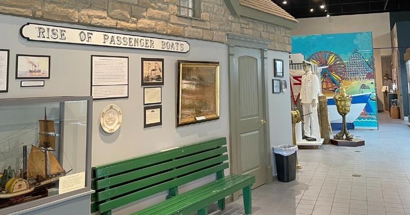 bench and displays inside the Sandusky Maritime Museum