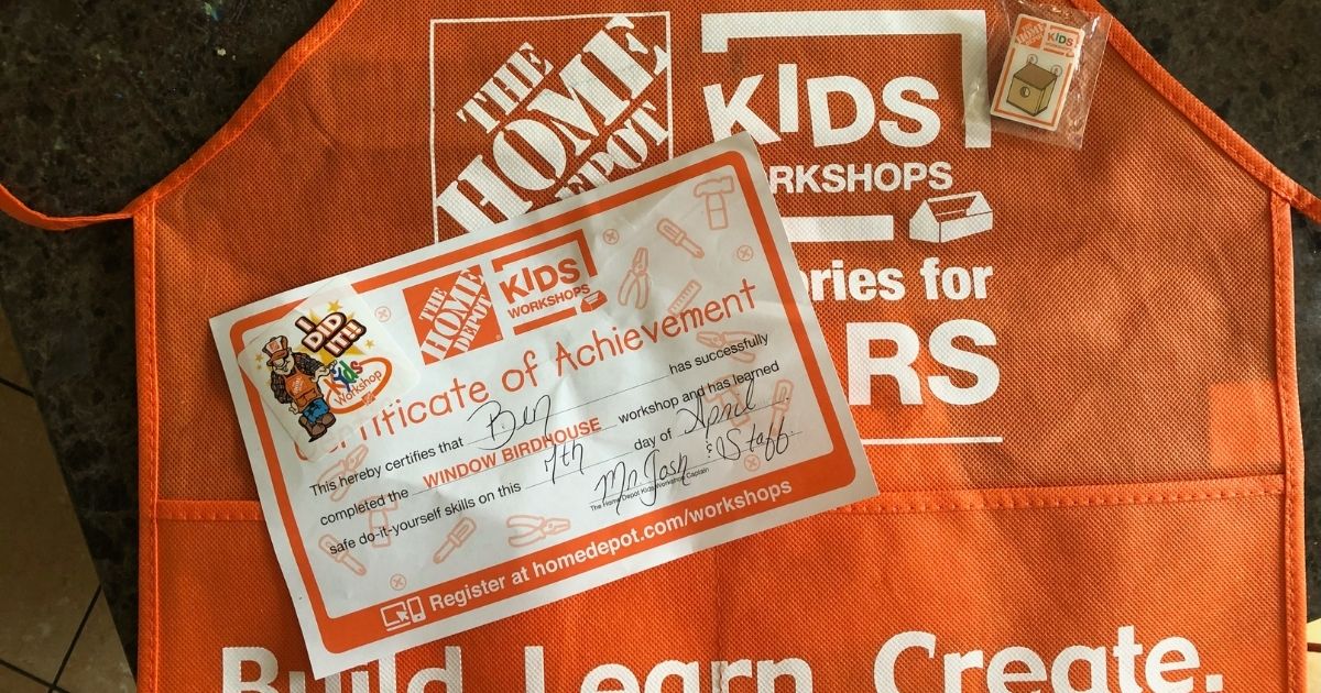 Certificate, Pin and Apron from Home Depot Kids Workshop