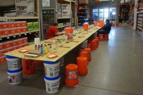 Setup and ready to build at the Home Depot Kids Workshop