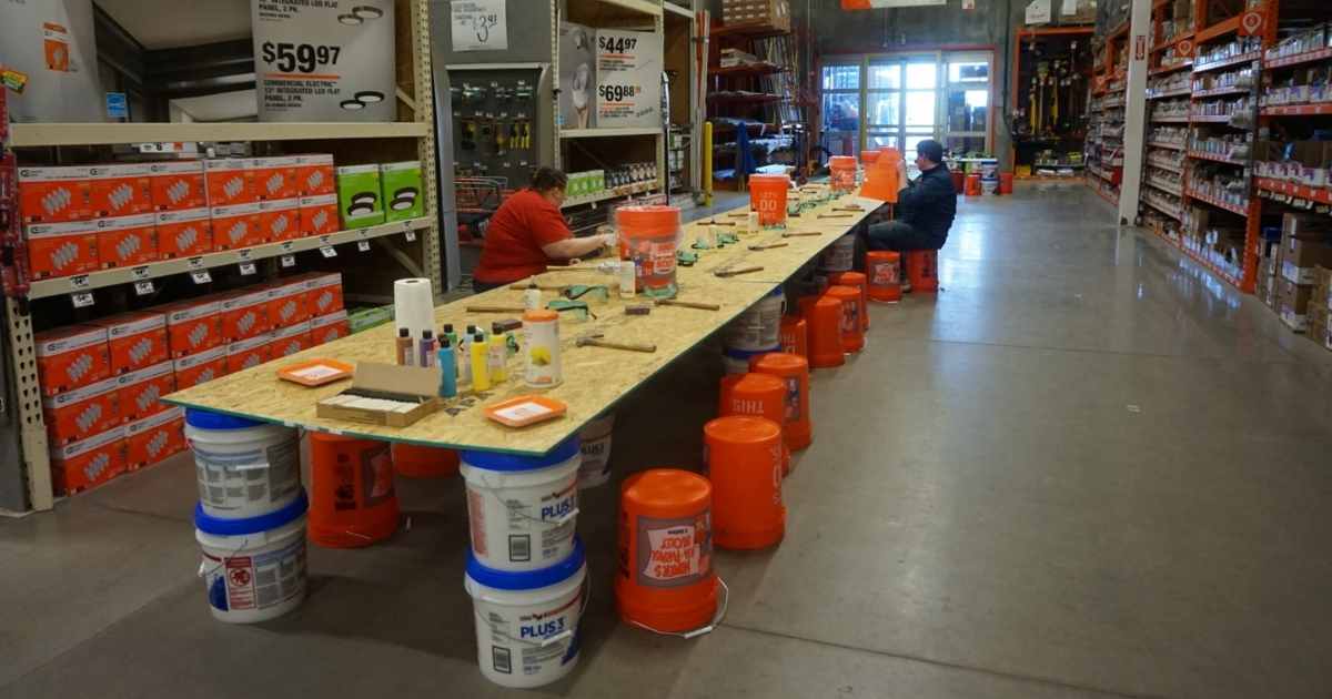Setup and ready to build at the Home Depot Kids Workshop